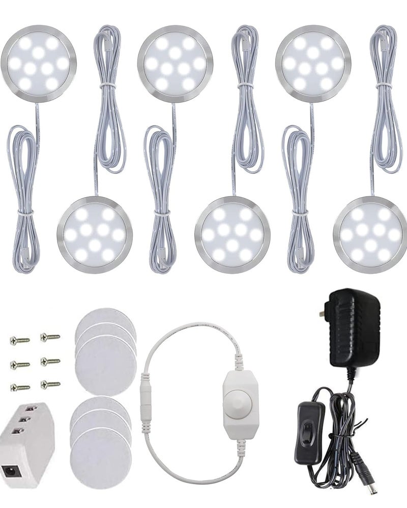 Cefrank أضواء LED دائرية، مجموعة من 6، بيضاء | إضاءة تحت الخزائن قابلة للتعتيم، إضاءة تحت الطاولة للمطبخ، خزانة، رف، جميع الملحقات متضمنة (6 عبوة، بيضاء) - Image 1